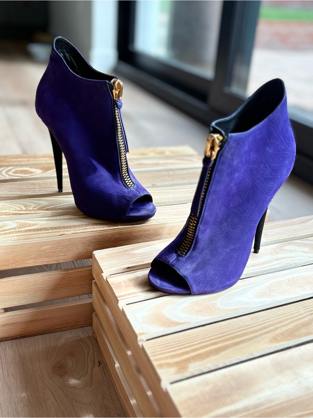 Giuseppe Zanotti Purple Suede Peep-Toe Ankle Booties with Gold Zippers